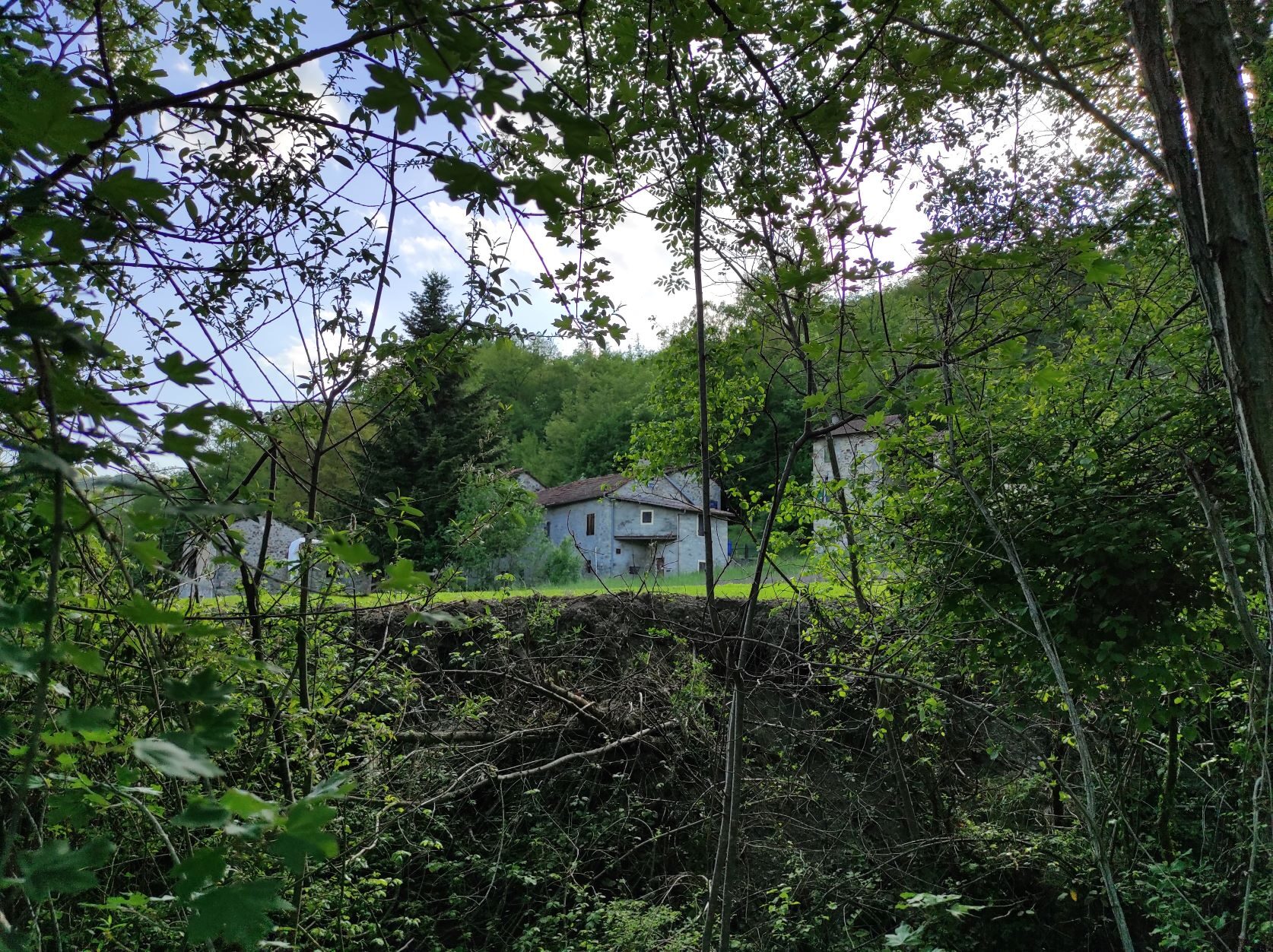 Il borgo di La Mora intravisto tra la vegetazione